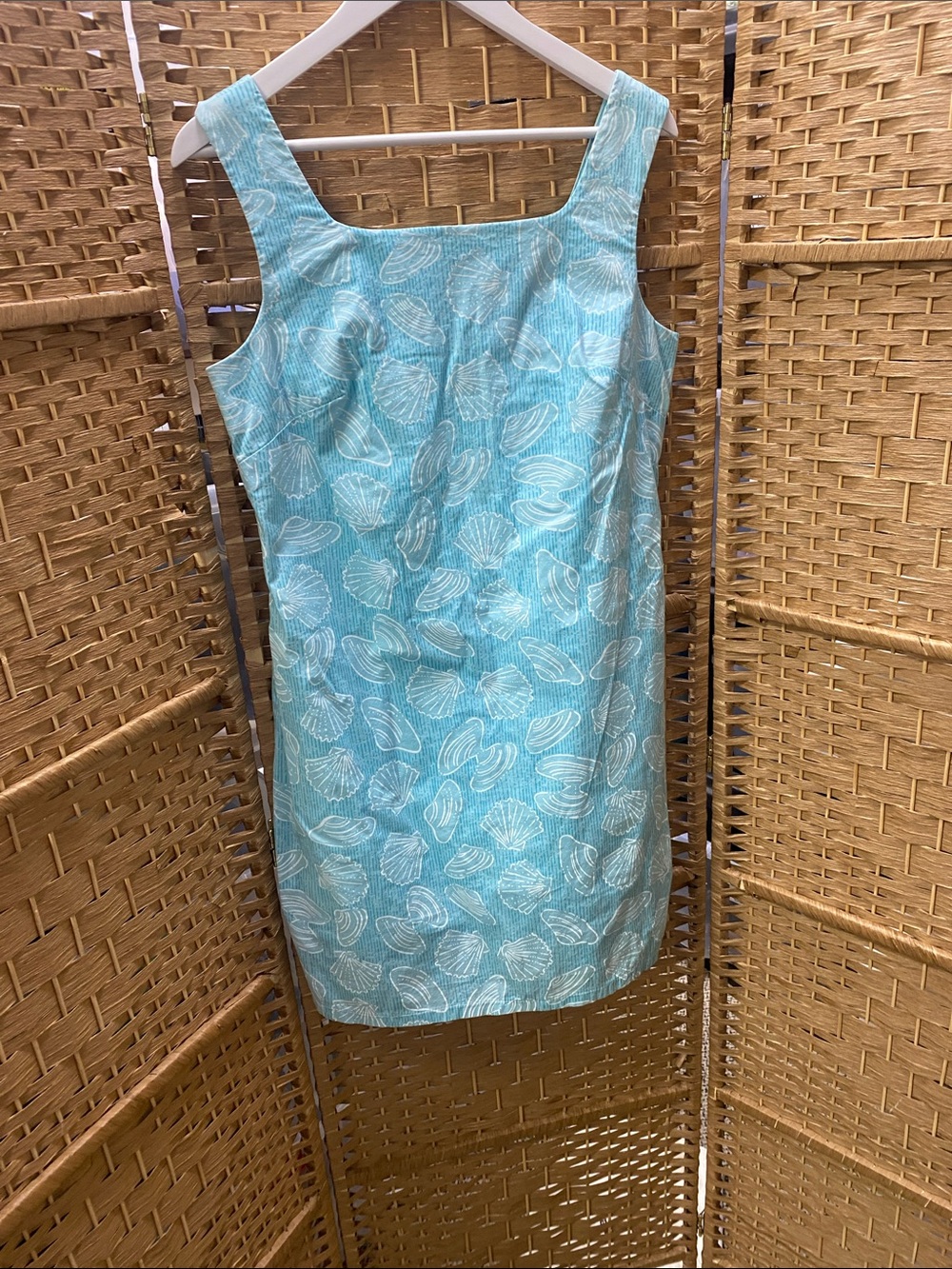 Sleeveless Aqua Shell-Print Shift Dress